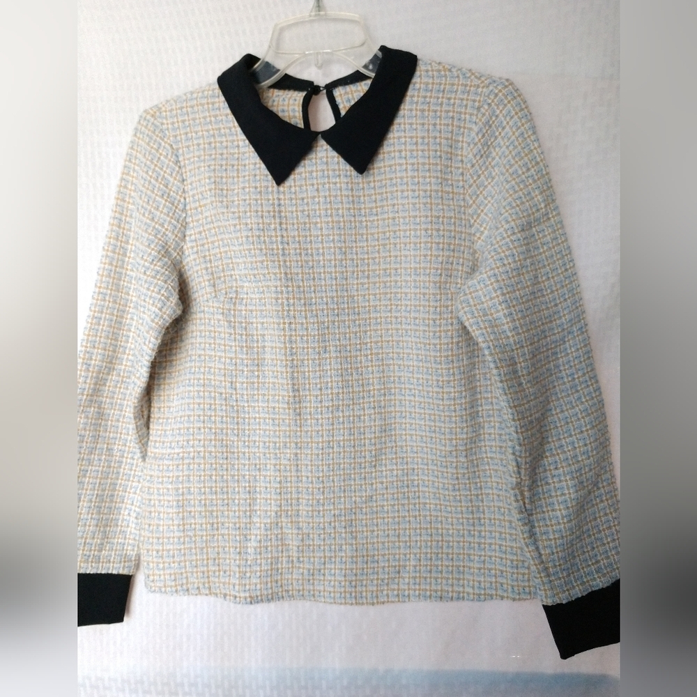 Cute Shein Boucle Tweed Vintage-Inspired Top Blue Beige Size Small Chest 34"